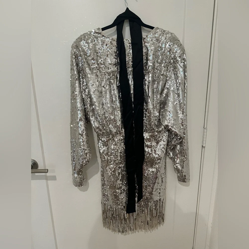 ROTATE Birger Christensen Sliver Sequin Wrap Minidress US 8 - Picture 4 of 13